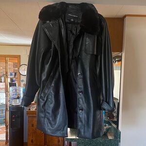 Vince Camuto Black Trench Coat with Fur Collar